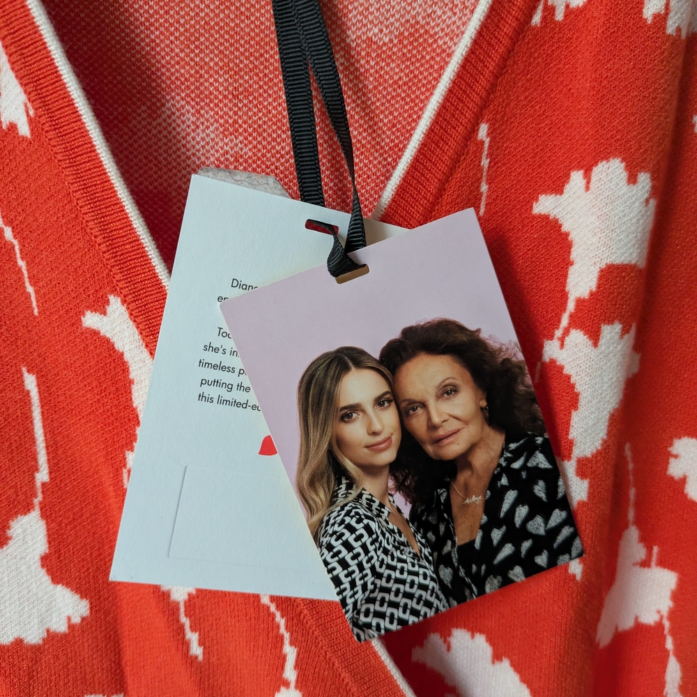 NWT Diane Von Furstenberg Women's Orange and White Floral Knit Wrap Dress - Picture 7 of 9